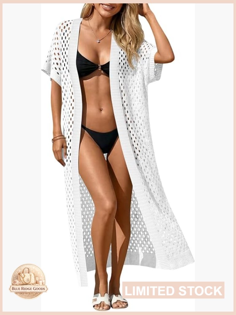 Crochet Swimsuit Coverup Short Sleeve Open Front Long Maxi Boho Knit Beach